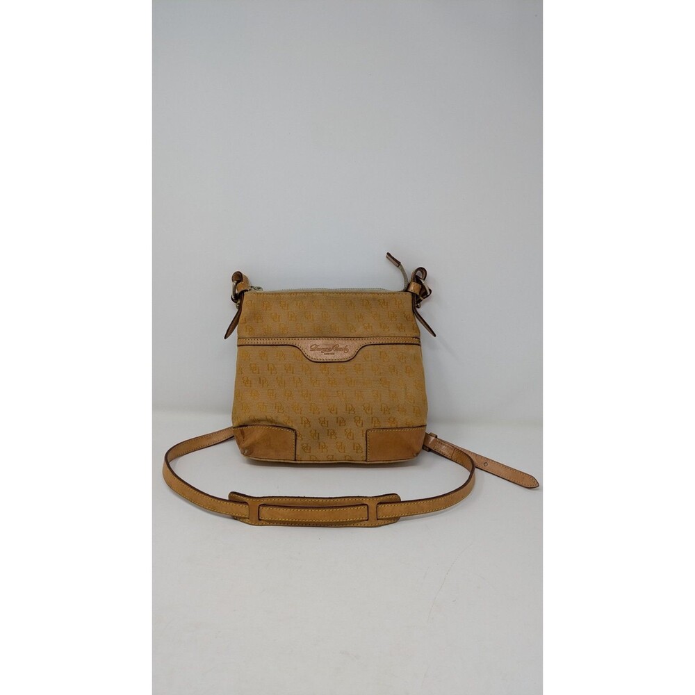 Vtg Dooney and Bourke Monogram Crossbody Bag Small Purse Tan Leather Trim
